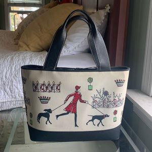 Talbots Paris Street Scene Handbag with Woman and Dogs, Leather and Sailcloth.